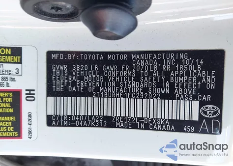 2015 Toyota Corolla S Premium z USA, uszkodzony, nr VIN 2T1BURHE1FC292922